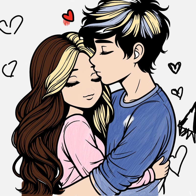 a realistic couple boy and girl hugging and kissing