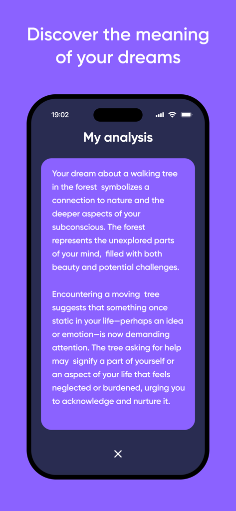 Dreamly: Dream Interpretation - A smartphone displaying the Dreamly app with an AI-powered dream interpretation of a walking tree.