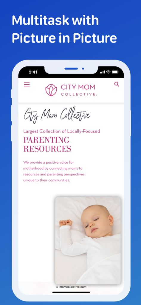 iPhone screen displaying a parenting website with a picture in picture video of a sleeping baby from the Cloud Baby Monitor app