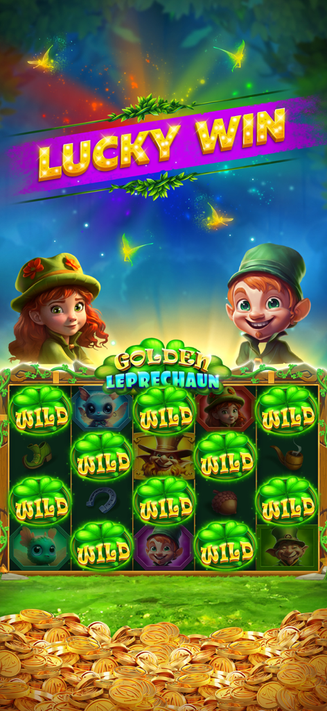 Lucky Win screen on Golden Leprechaun slot machine with wild clover symbols and gold coins.