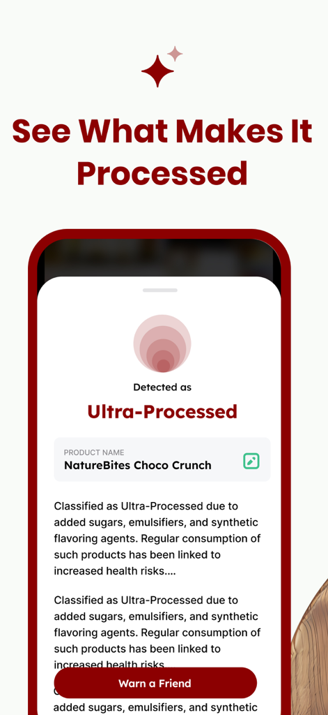 Processed app screen showing ingredient analysis for an ultra-processed food product