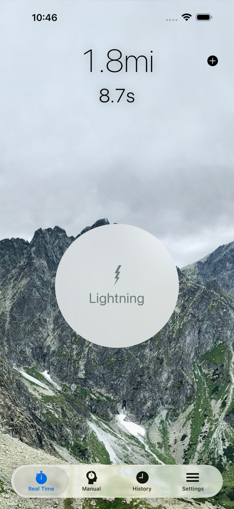 Storm Distance Tracker - Interface of the Storm Distance Tracker app showing a lightning strike distance of 1.8 miles against a mountain background