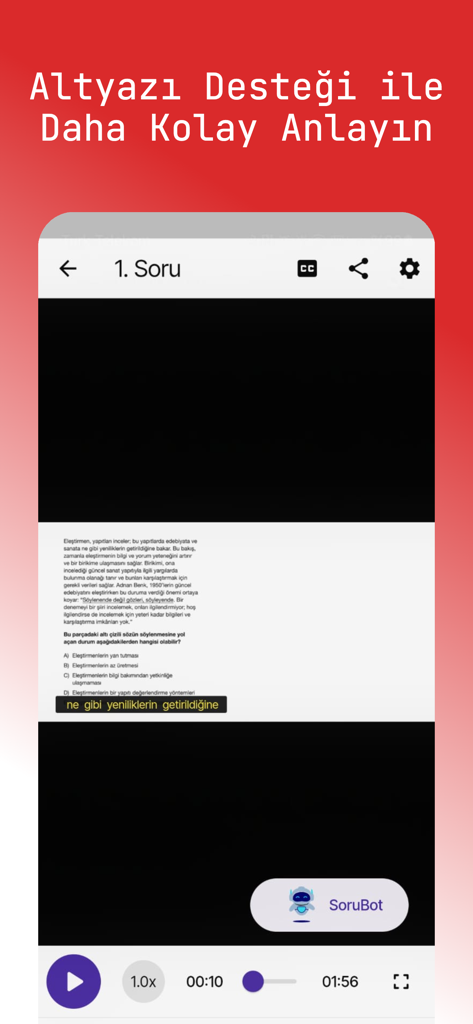 Limit Cepte - Limit Cepte mobile app interface showing a video solution for a test question with Turkish subtitles and an AI assistant button