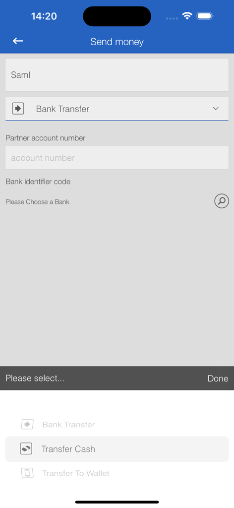 Awash-Online - Send money screen of Awash Online app featuring bank transfer and cash options.