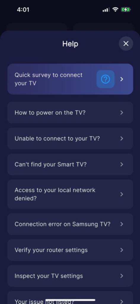 Remote control all TV - Sección de ayuda de la aplicación de control remoto universal para TV con opciones de solución de problemas para conectarse a un Smart TV.