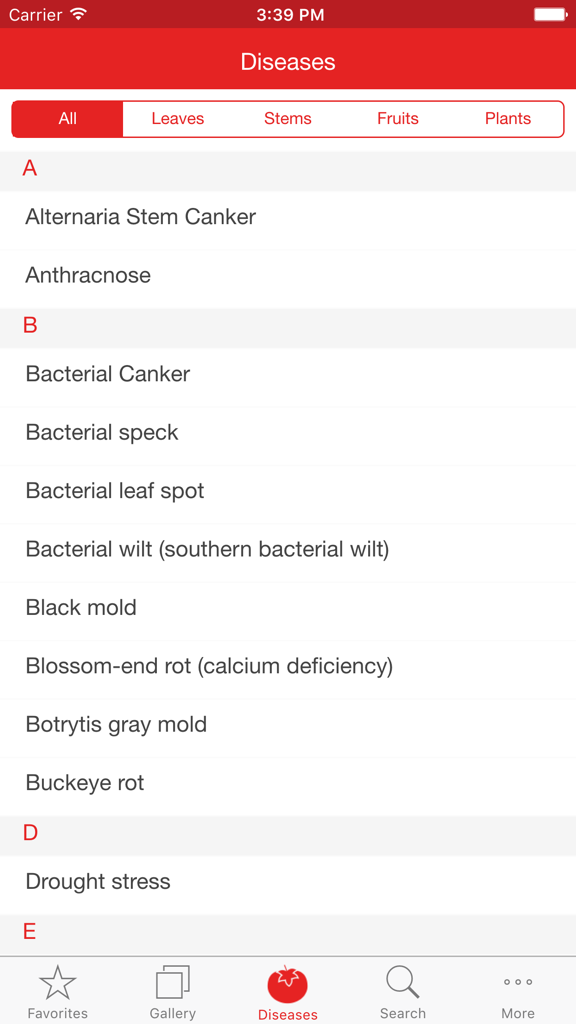 Tomato MD - Alphabetical list of tomato diseases within the Tomato MD mobile app diagnostic tool.