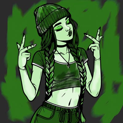 realistic teenage girl with braids and a beanie and crop top doing 🫶🏼