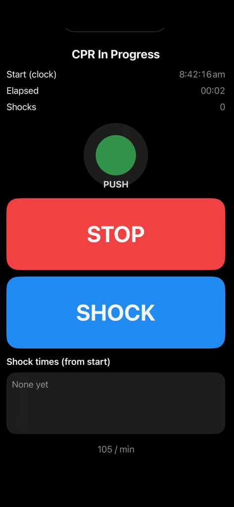 CPR Timer - CPR Timer app interface showing an active session with elapsed time shock button and stop button