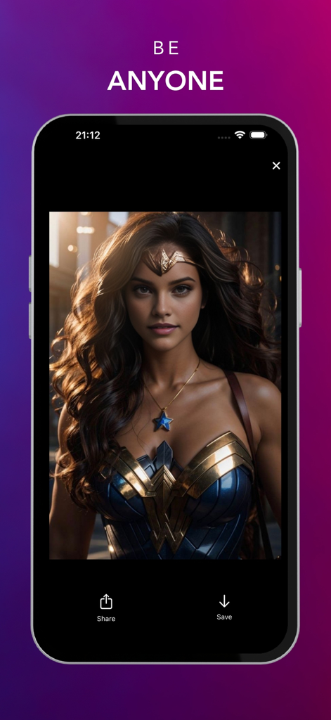 A mobile screenshot showing a woman face swapped onto a superhero body using AI technology