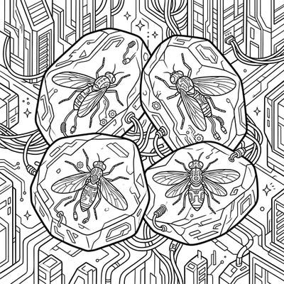 Journey to a dystopian future where ancient insects are reborn with high-tech details in this unique cyberpunk amber flies coloring page. Explore intricate circuits, robotic elements, and a futuristic cityscape awaiting your creative touch.