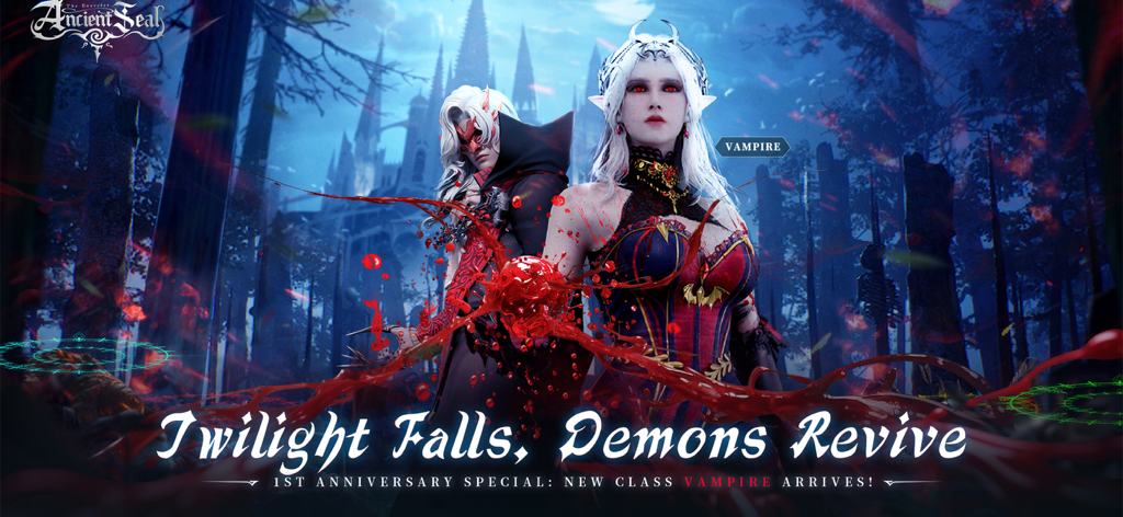 Banner promocional do primeiro aniversário de Ancient Seal The Exorcist apresentando os novos personagens da classe Vampiro