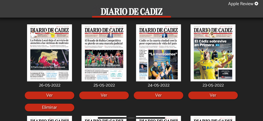Diario de Cádiz - Biblioteca digital de la app Diario de Cádiz que muestra varias portadas de archivo del periódico con fechas y botones de vista