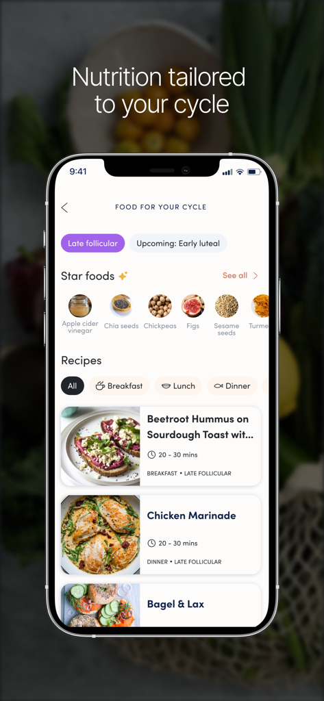 Hormona: Period & Hormones - Hormona app screen showing nutrition recommendations and recipes tailored to the late follicular phase of the menstrual cycle