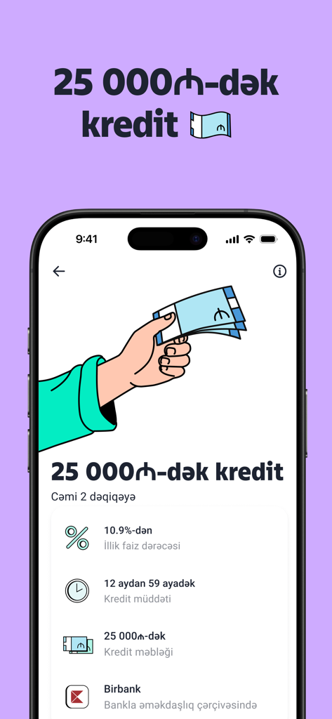 Interfaz de la aplicación m10 mostrando una oferta de préstamo en efectivo de hasta 25000 AZN con tasa de interés y términos de pago