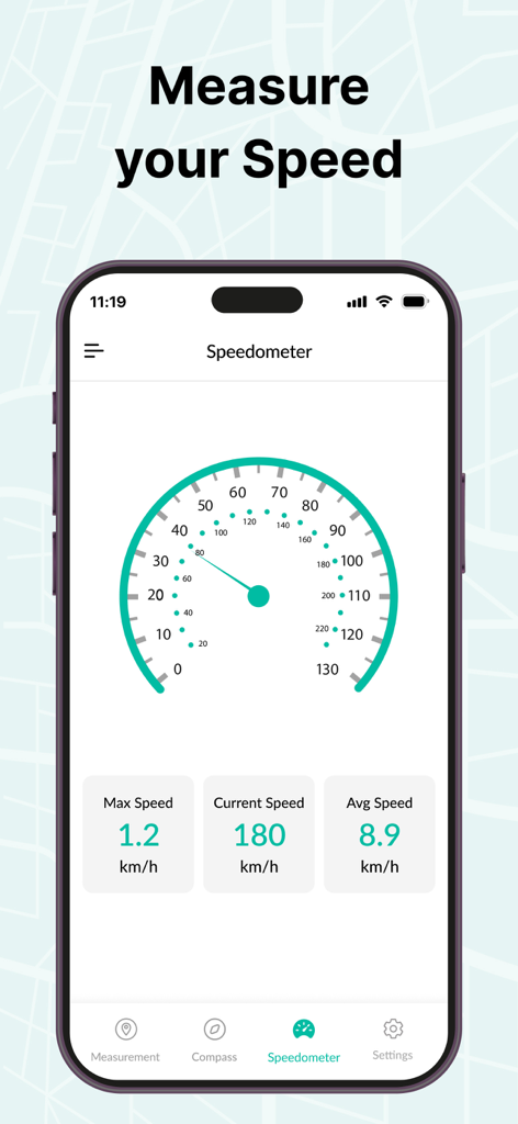 GPS Area Measure Map - Un smartphone que muestra la función de velocímetro de la aplicación GPS Area Measure Map con datos de seguimiento de velocidad en tiempo real.