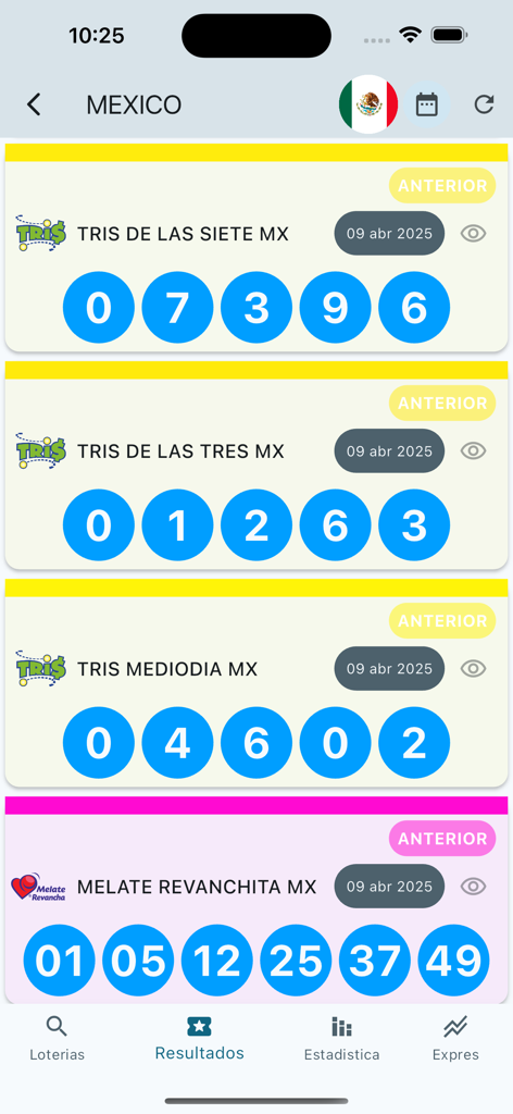 Loto Latina Resultados Loteria - Interfaz de la aplicación móvil mostrando resultados de lotería mexicana para los juegos Tris y Melate con números ganadores en círculos azules