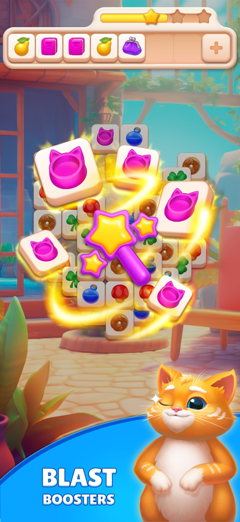 Tile Yard: Matching Game - Tile Yard gameplay showing a magic wand booster and a ginger cat mascot