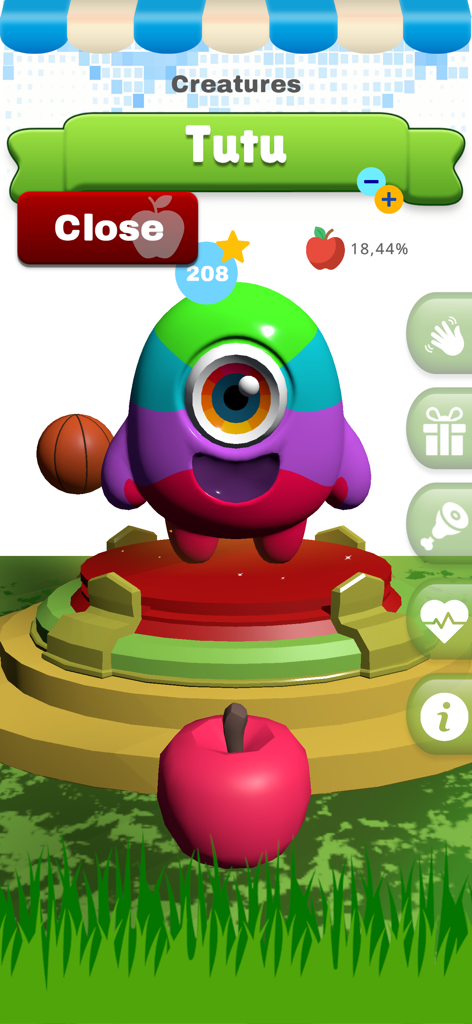 Crack Egg: Tap & Hatch Fun - A colorful one eyed creature named Tutu in the Crack Egg game interface with interactive buttons and a red apple.