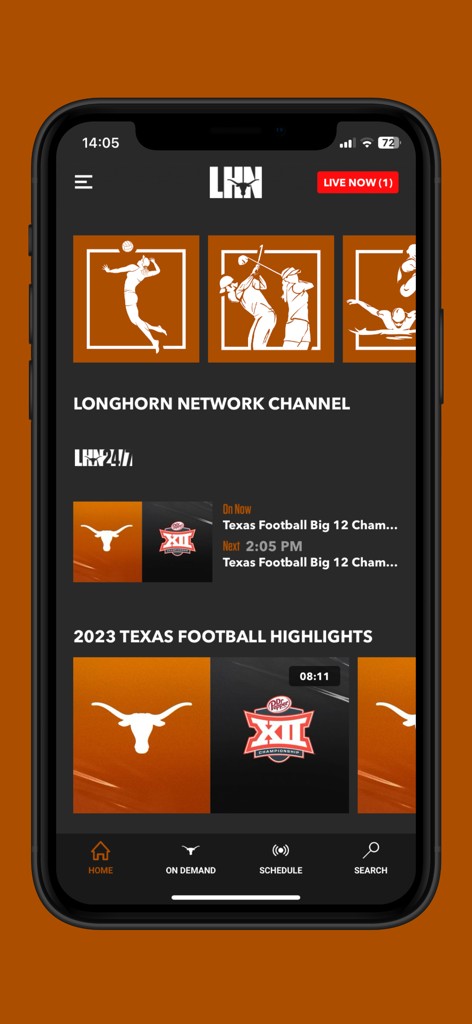 LHN (Longhorn Network) - Home screen of the LHN app featuring Texas Longhorn sports highlights and live channel schedules.