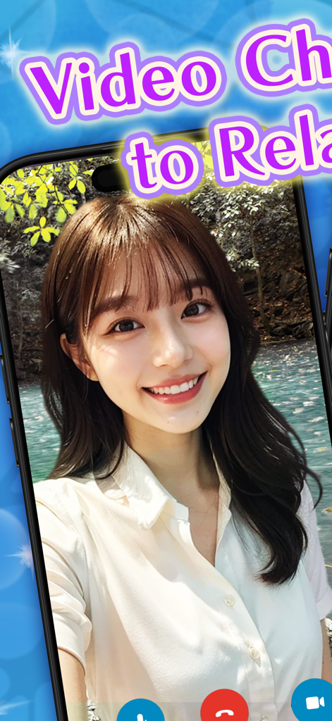 A smiling woman on a meditative video call with a serene nature background