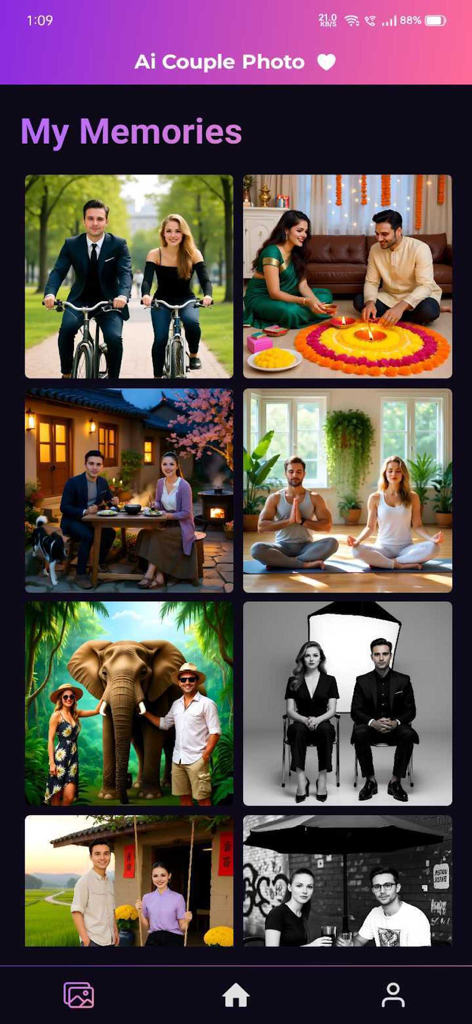 Couple - AI Photo Generator - Una galería de retratos de parejas generados por IA en varios escenarios románticos y de aventuras