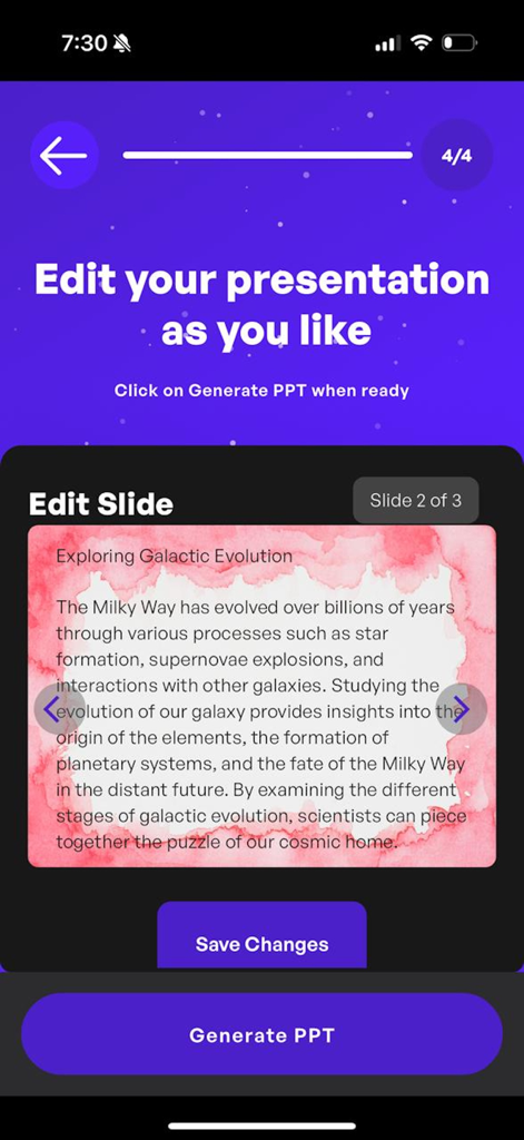 AI Presentation Generator - Interface of the AI Presentation Generator app showing the screen to edit a generated slide.