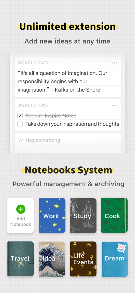 iNote - ideas Note & Notebook - iNote app interface showing the notebook organization system with themed covers and a note with a checklist