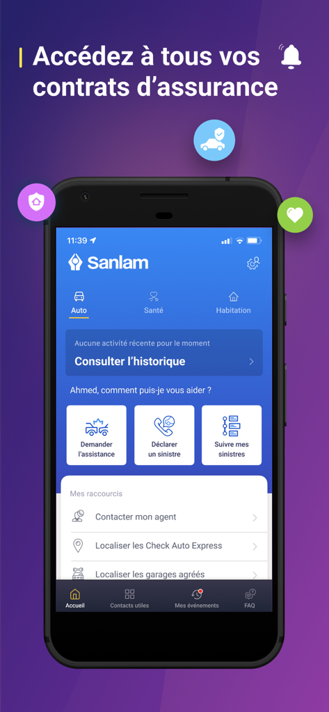 Sanlam Maroc - Sanlam Maroc mobile app home screen for managing insurance contracts and claims