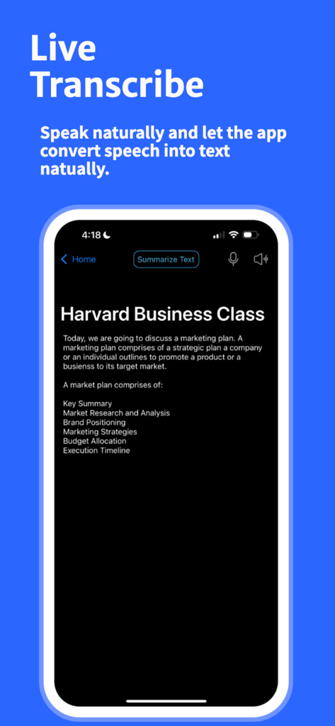 SpeechNotes · - SpeechNotes app displaying live voice to text transcription of a business class lecture in dark mode
