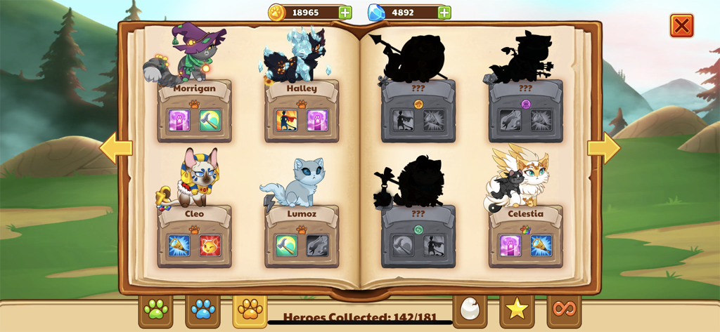 A hero collection screen in Castle Cats showing various cat characters in a book format.