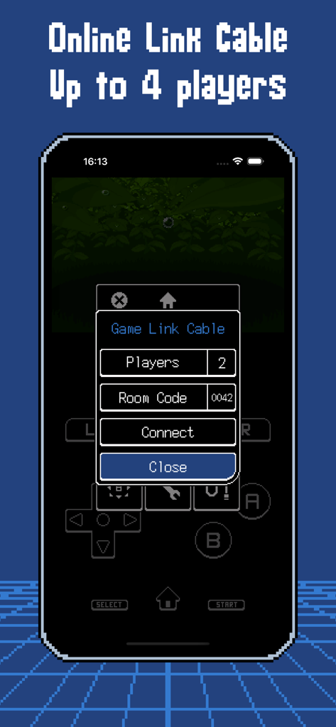Captura de pantalla de la aplicación ArcEmu en iPhone mostrando el menú Online Link Cable para juegos multijugador con selección de código de sala