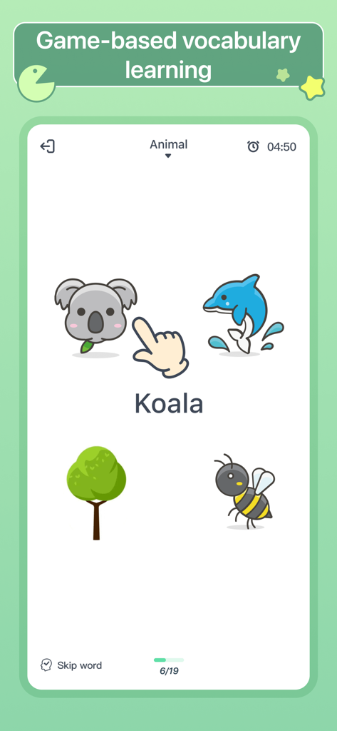HelloWords Learn Languages Fun - HelloWords app screen showing game-based vocabulary learning with animal icons.