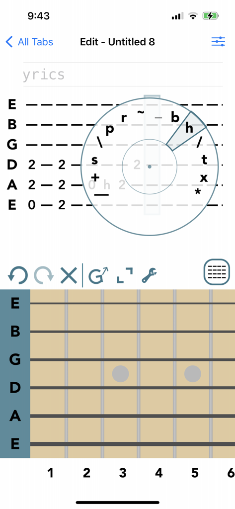 Guitar Tab Maker - Interface of Guitar Tab Maker app showing guitar tab staff and technique selection wheel.