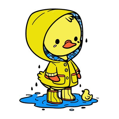 baby duck in a rain coat and boots, in a puddle while it’s raining