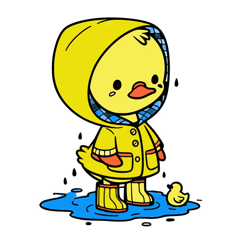 baby duck in a rain coat and boots, in a puddle while it’s raining