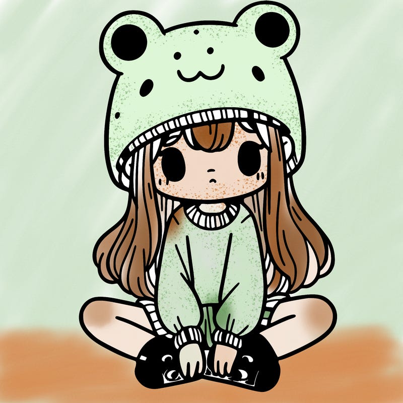 a girl wearing a frog hat and some frog socks