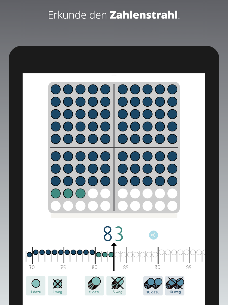 Zahlenfeld - Digital hundred chart and number line showing the number 83 in the Zahlenfeld education app