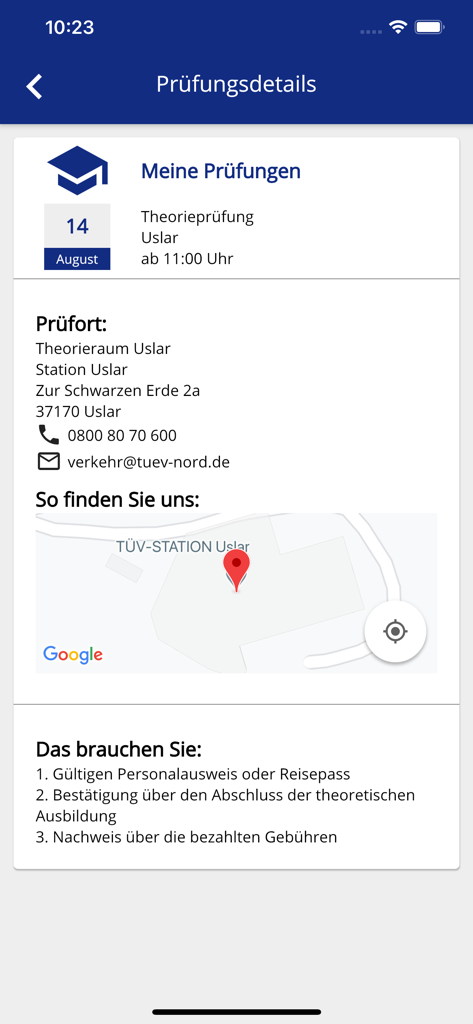 Fahrschüler-App - Mobile app screen showing driving theory test details including date location map and required documents