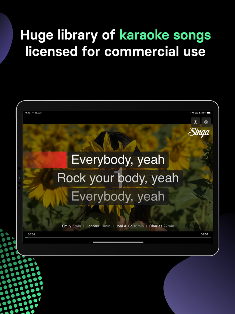 Professional karaoke interface on iPad showing licensed commercial song library and singer queue