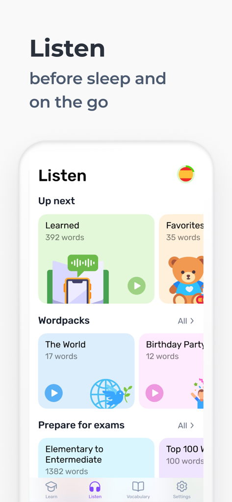 WRD - Learn Words - Pantalla de escucha de la aplicación WRD con lecciones de idiomas en audio y paquetes de palabras