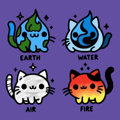 4 cats that represent the different elements, earth, water, air, and fire