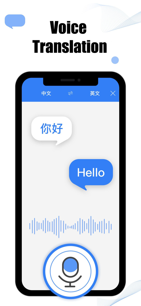 Translator abroad - Smartphone screen showing voice translation from Chinese to English with speech bubbles and microphone icon