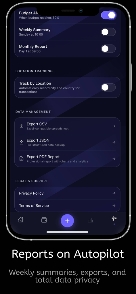 Expense & Budget Tracker: Lumi - Lumi expense tracker settings for automated reports and data export options