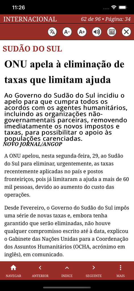 Pantalla móvil de la aplicación QUIOSQUE NOVA VAGA mostrando un artículo de noticias en portugués sobre la ONU y Sudán del Sur con ajuste de texto y controles de audio