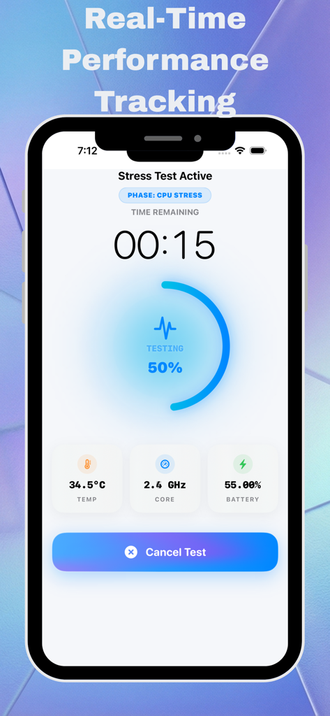 Battery Life Health: Pro Check - Real time performance tracking screen showing a CPU stress test status.