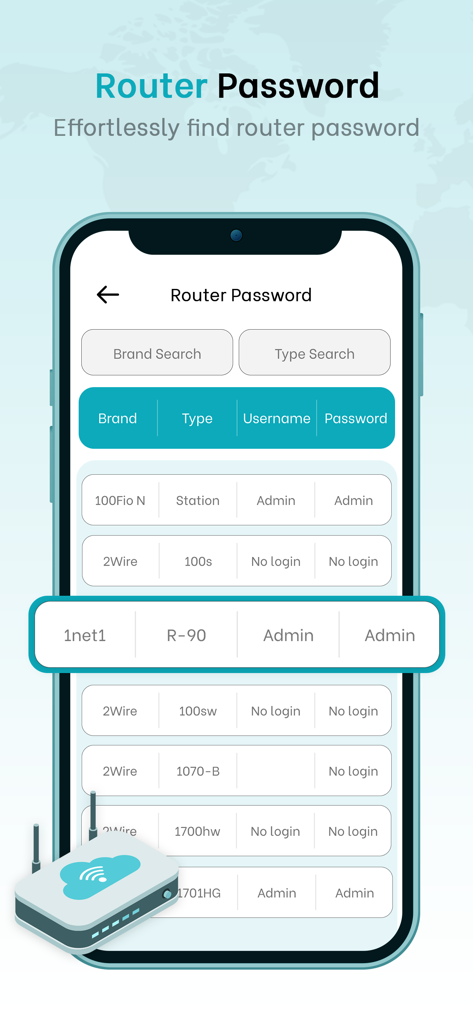 Router Admin Control - Mobile app interface showing a comprehensive list of default router usernames and passwords by brand and type