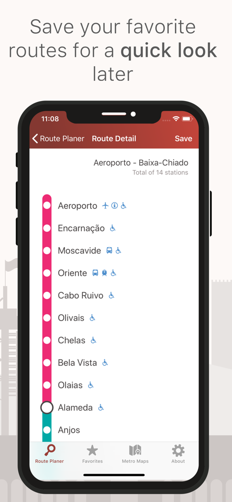 El planificador de rutas LX Metro mostrando estaciones desde Aeroporto hasta Baixa-Chiado en Lisboa.