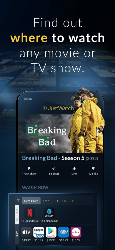 JustWatch - Movies & TV Shows - JustWatch mobile app interface showing streaming and purchase options for the TV show Breaking Bad