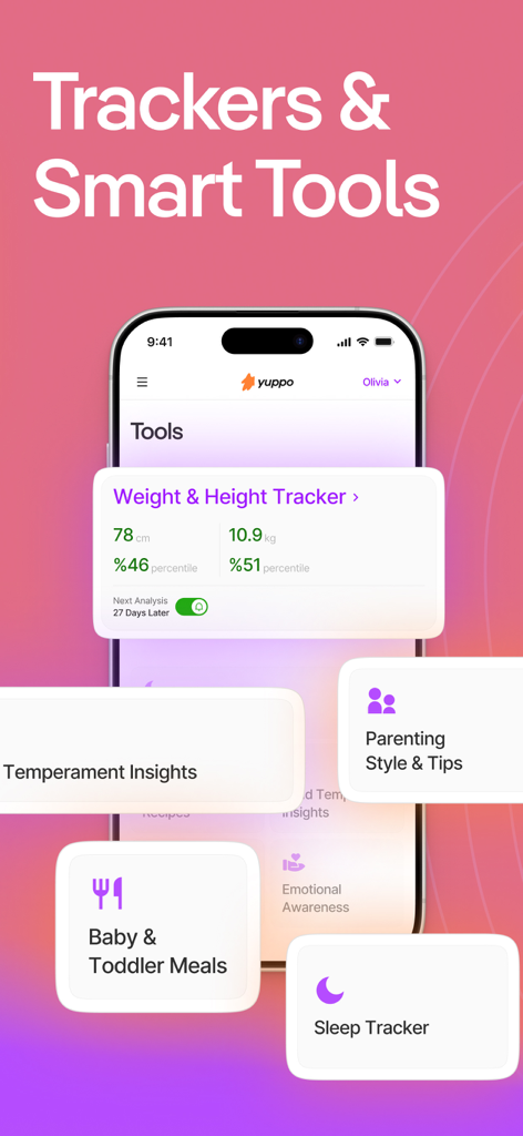 Interface of the Yuppo app showing growth trackers, sleep monitoring, and meal planning tools for babies.