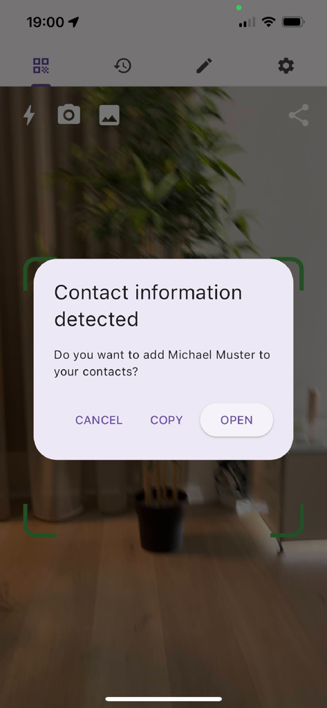 QR Code Scanner - Smart Scan - Mobile app interface showing contact information detected after scanning a QR code with an option to add the name Michael Muster to contacts
